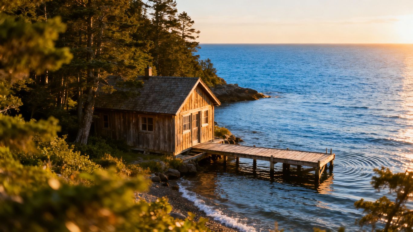Oceanfront cabin with trees and a dock.