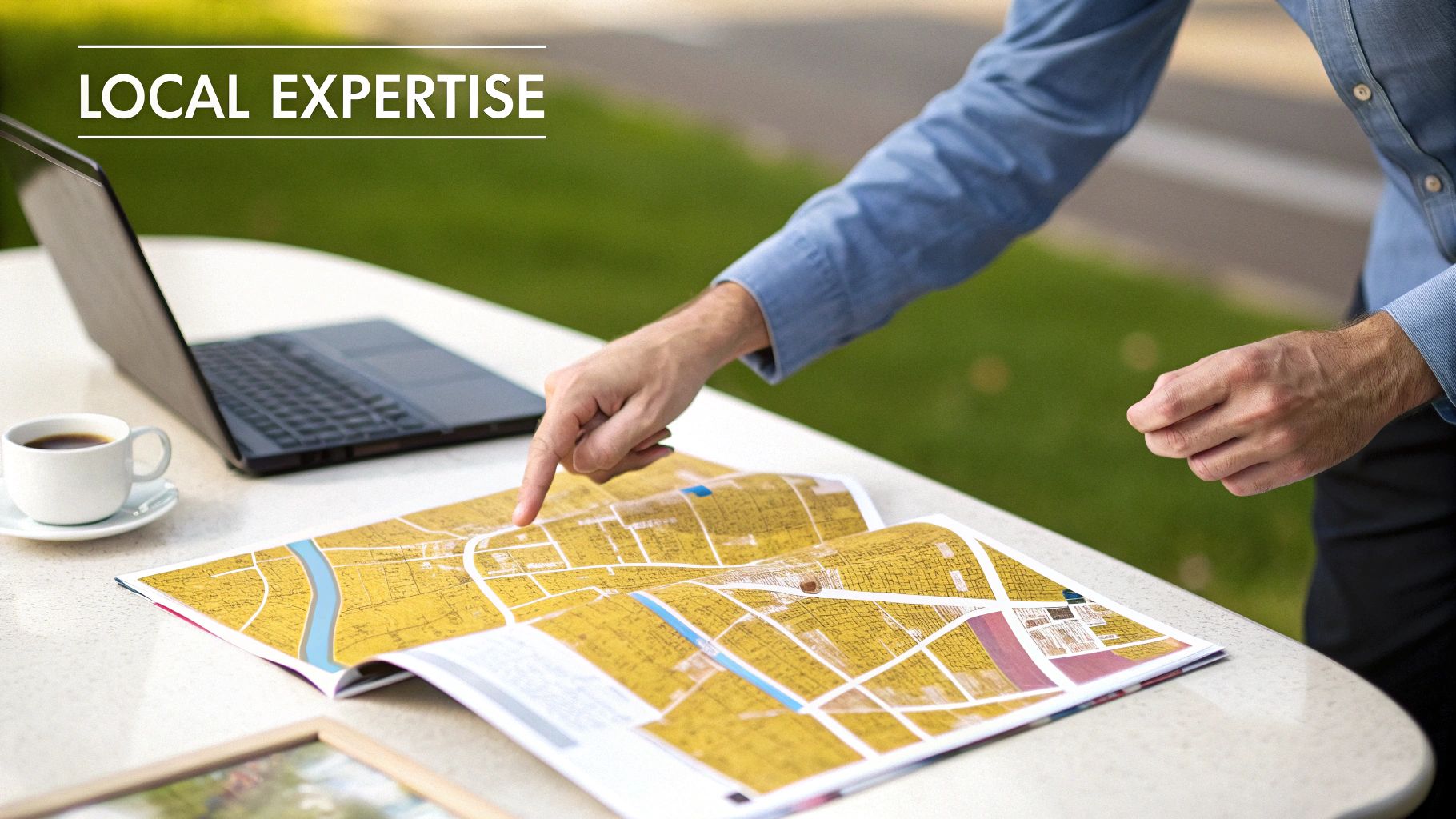 Real estate professional pointing at neighborhood map showing local market expertise and knowledge