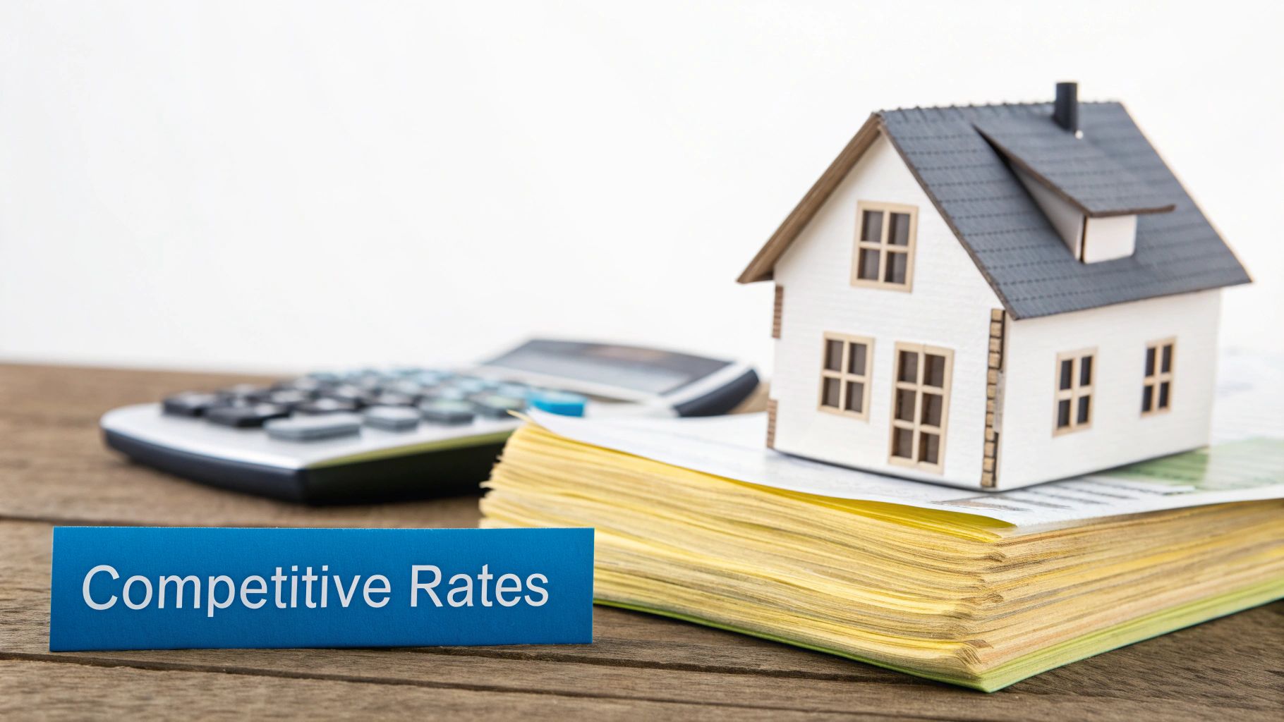 Miniature house model with calculator and cash representing competitive mortgage rates
