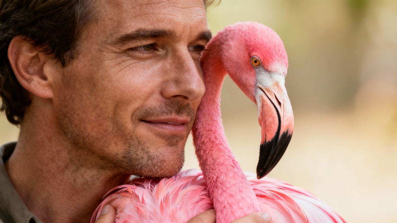 Man holding a grumpy-looking pink flamingo.