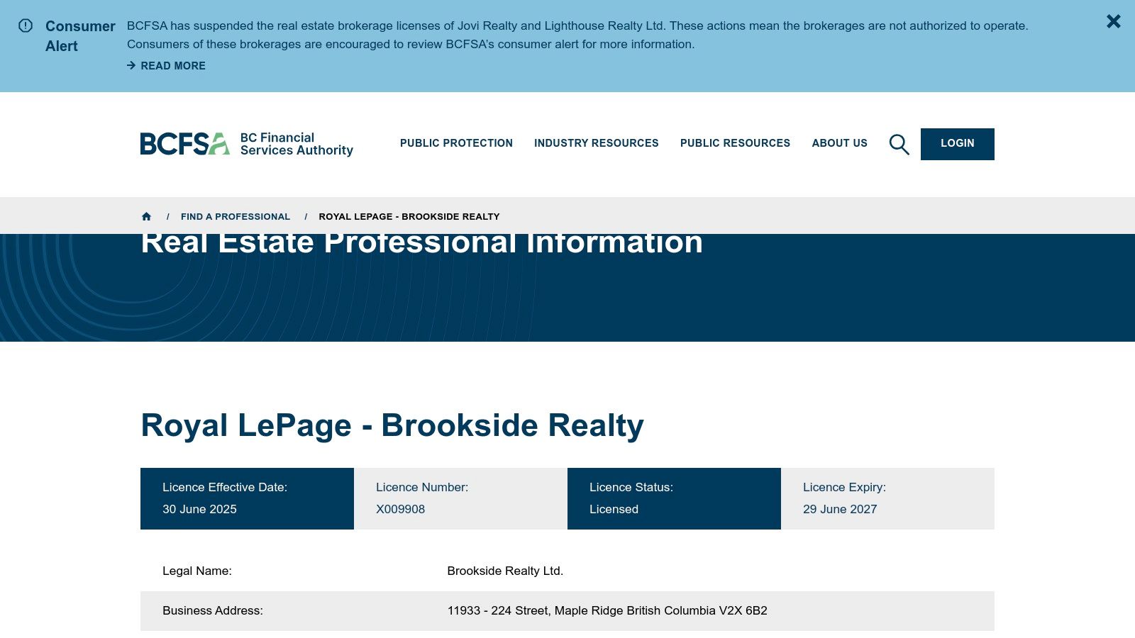 BCFSA (BC Financial Services Authority) – Brokerage Licence Record