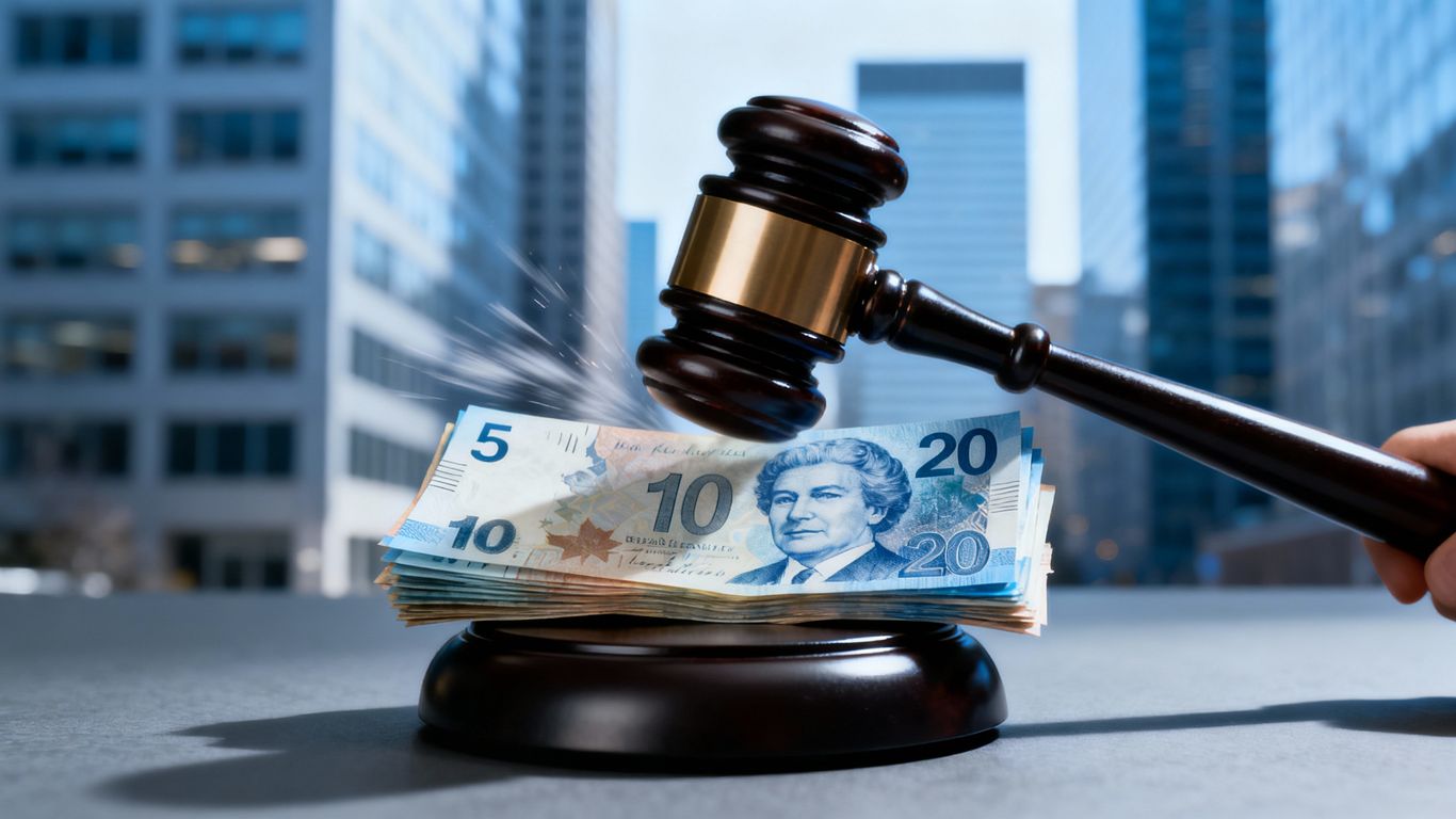 Canadian money and a gavel, symbolizing a fine.