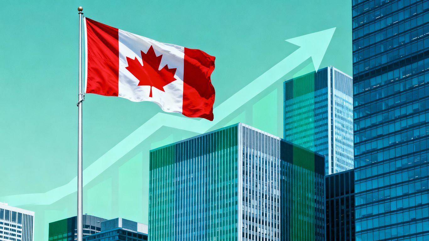 Canadian flag and city skyline with upward arrow.