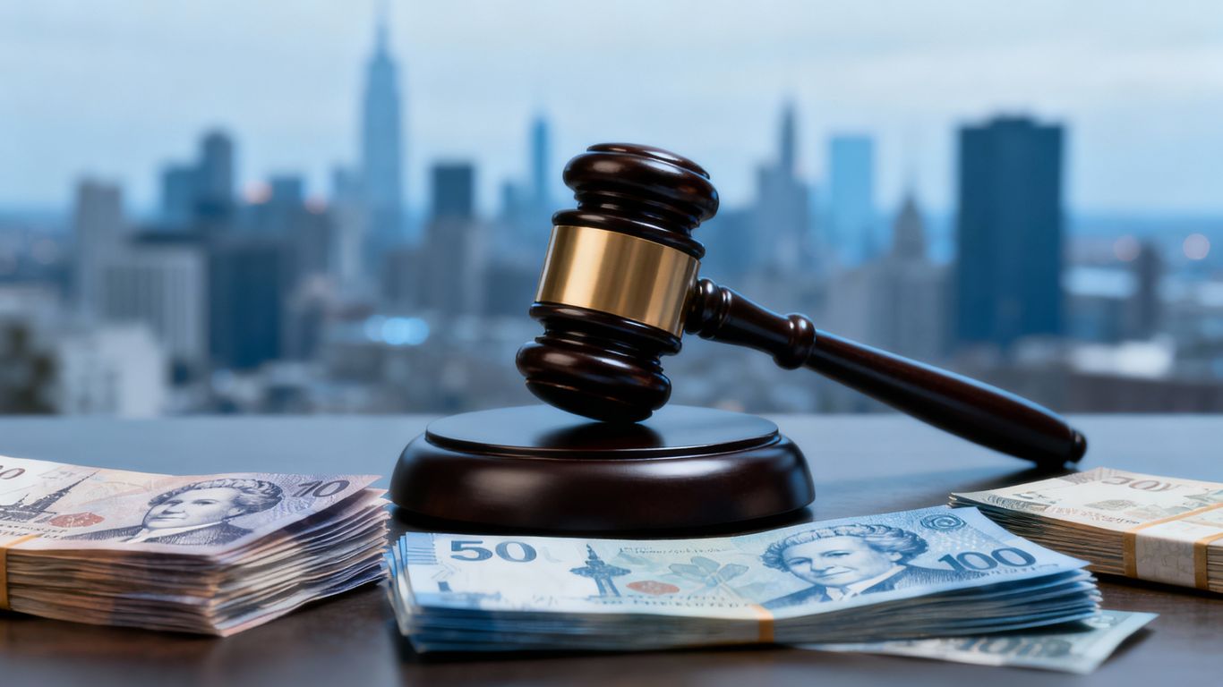 Gavel striking sound block with money and city background.