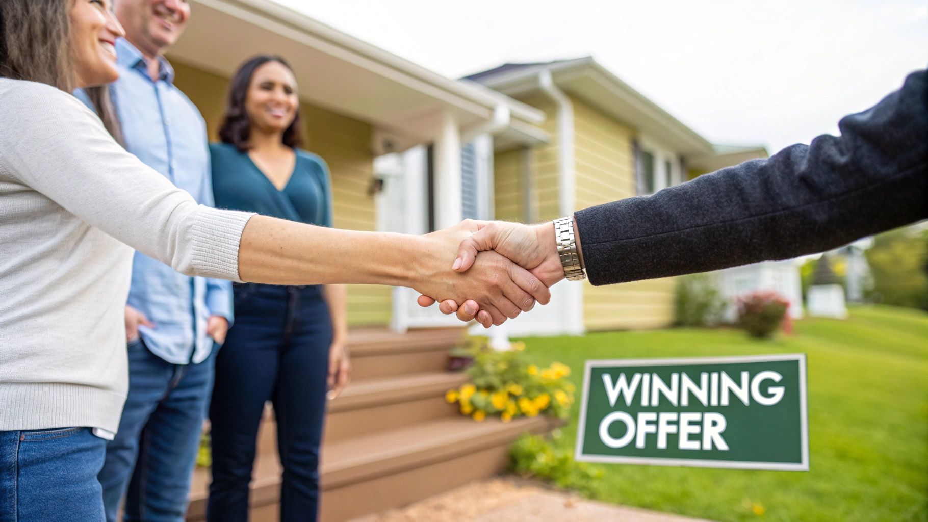Two people shaking hands in front of a house with a 'Winning Offer' sign on the lawn.