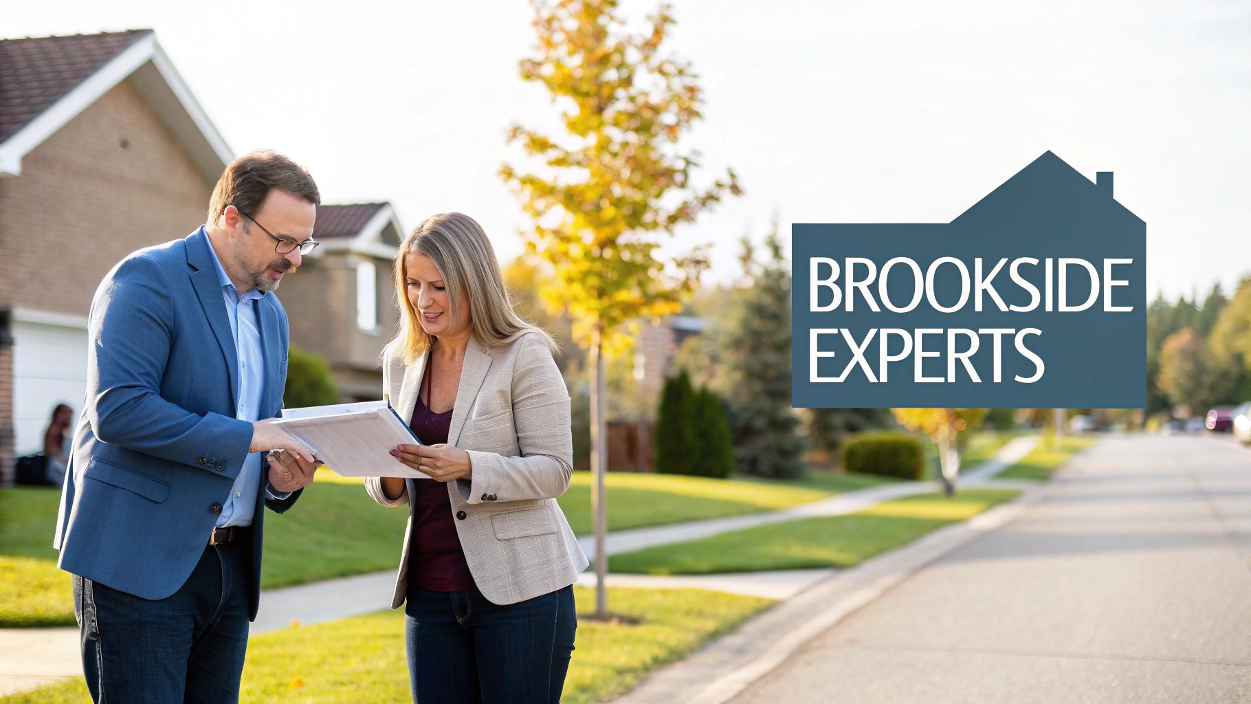Professionals from Brookside Experts reviewing property documents on a sunny residential street.