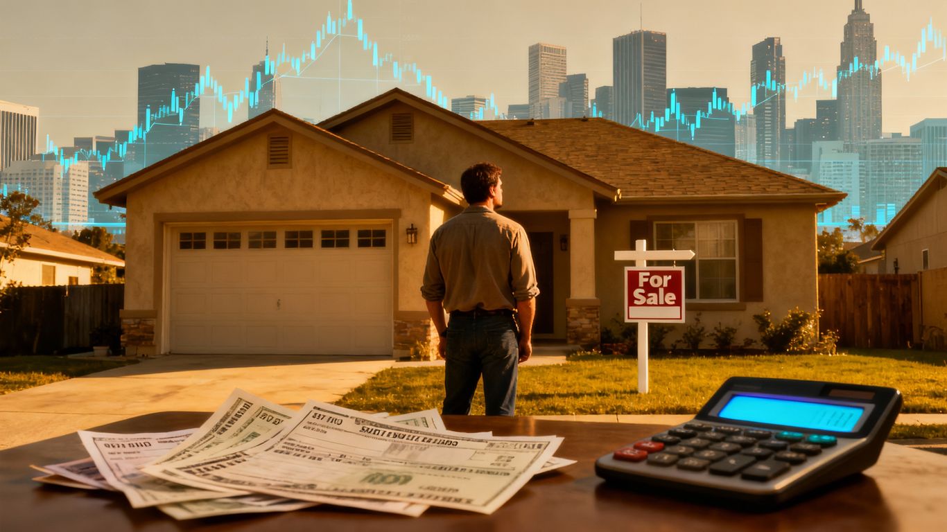 Homeowner stressed over mortgage payments, house for sale.