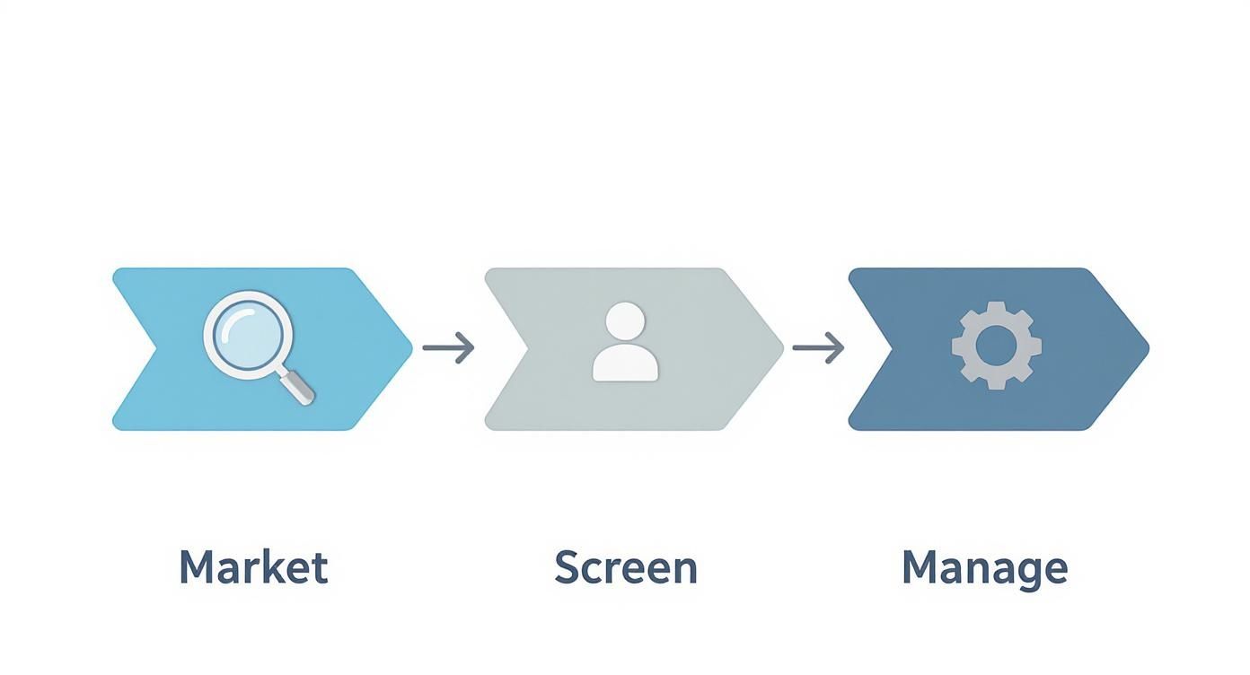 A three-step business process diagram with Market (magnifying glass), Screen (person), and Manage (gear) icons.