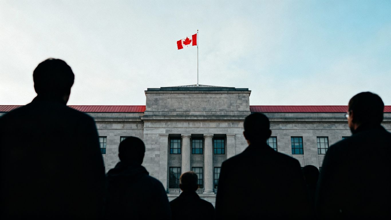 Government building with people outside, Canadian flag.