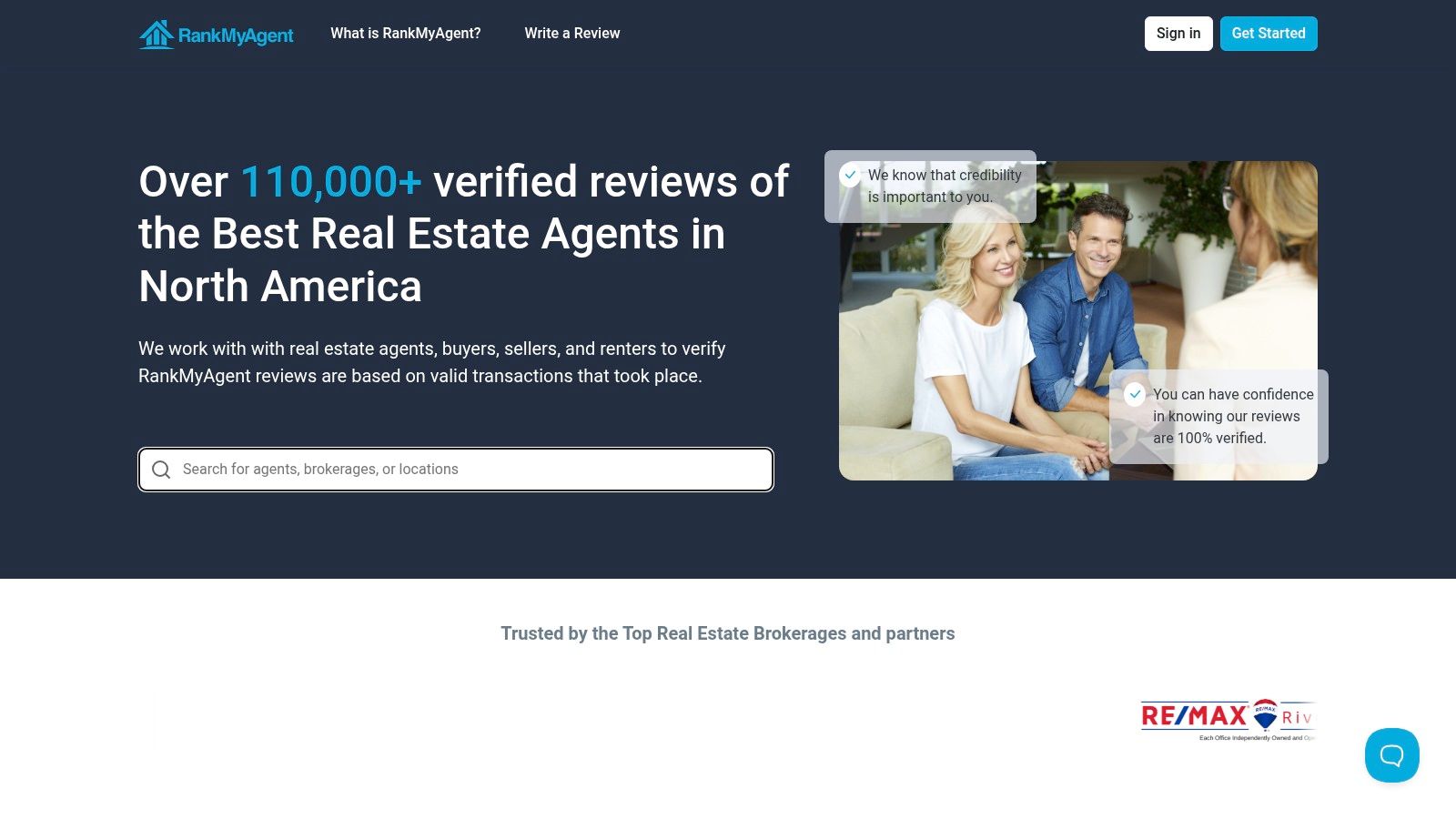 A screenshot of the RankMyAgent.com website homepage showing its search functionality.
