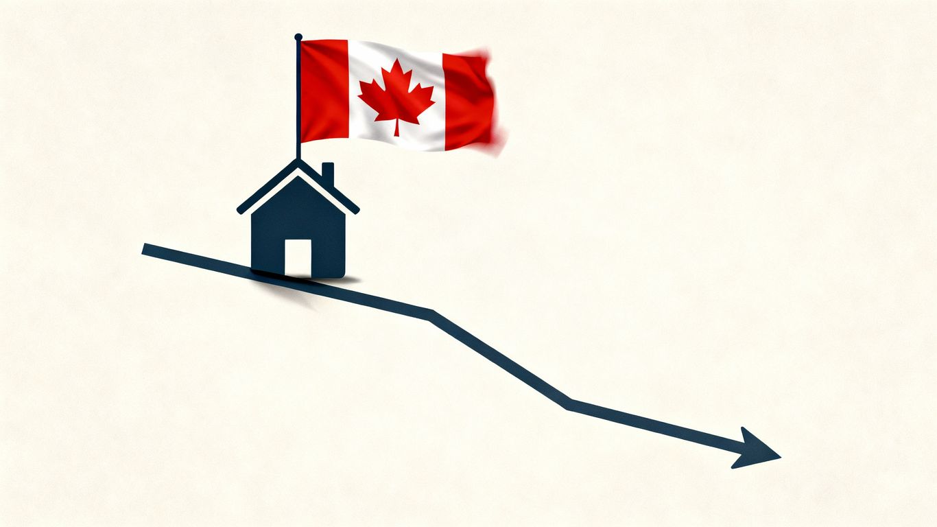 Canadian flag and a house icon on a downward trend.