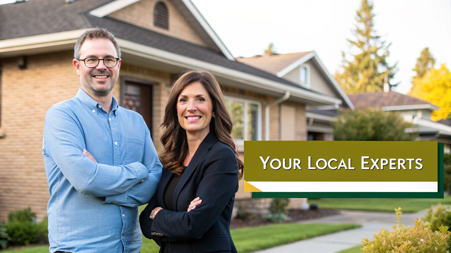 Two smiling real estate agents, a man and a woman, stand in front of houses with text 'YOUR LOCAL EXPERTS'.