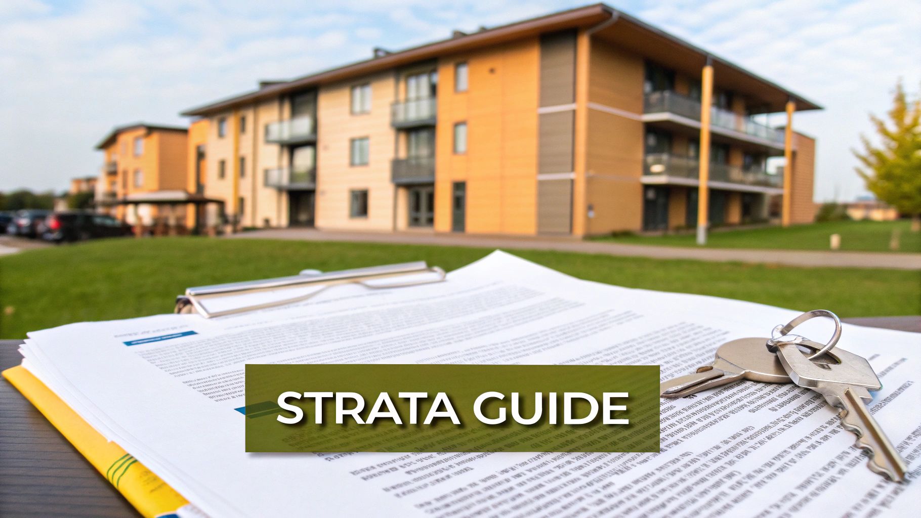 A 'STRATA GUIDE' document and keys on a clipboard, with modern apartment buildings in the background.
