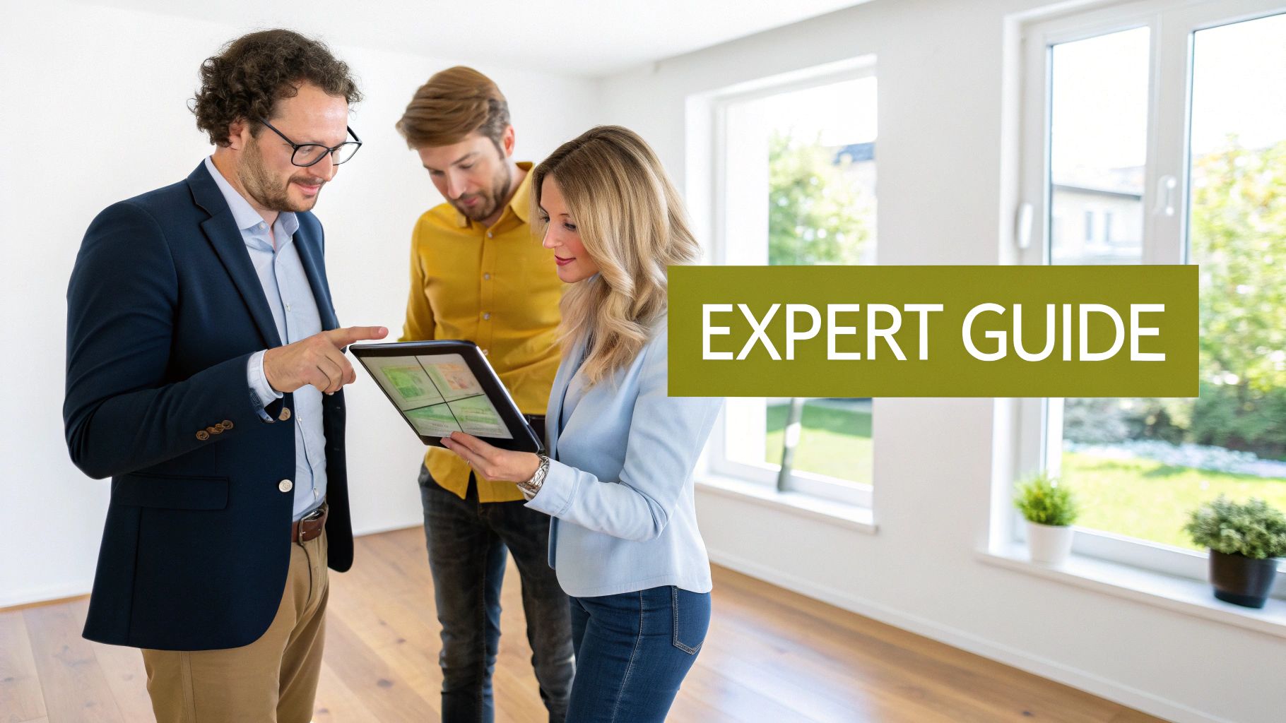 Three people, two men and one woman, discussing property plans on a tablet in a modern home.