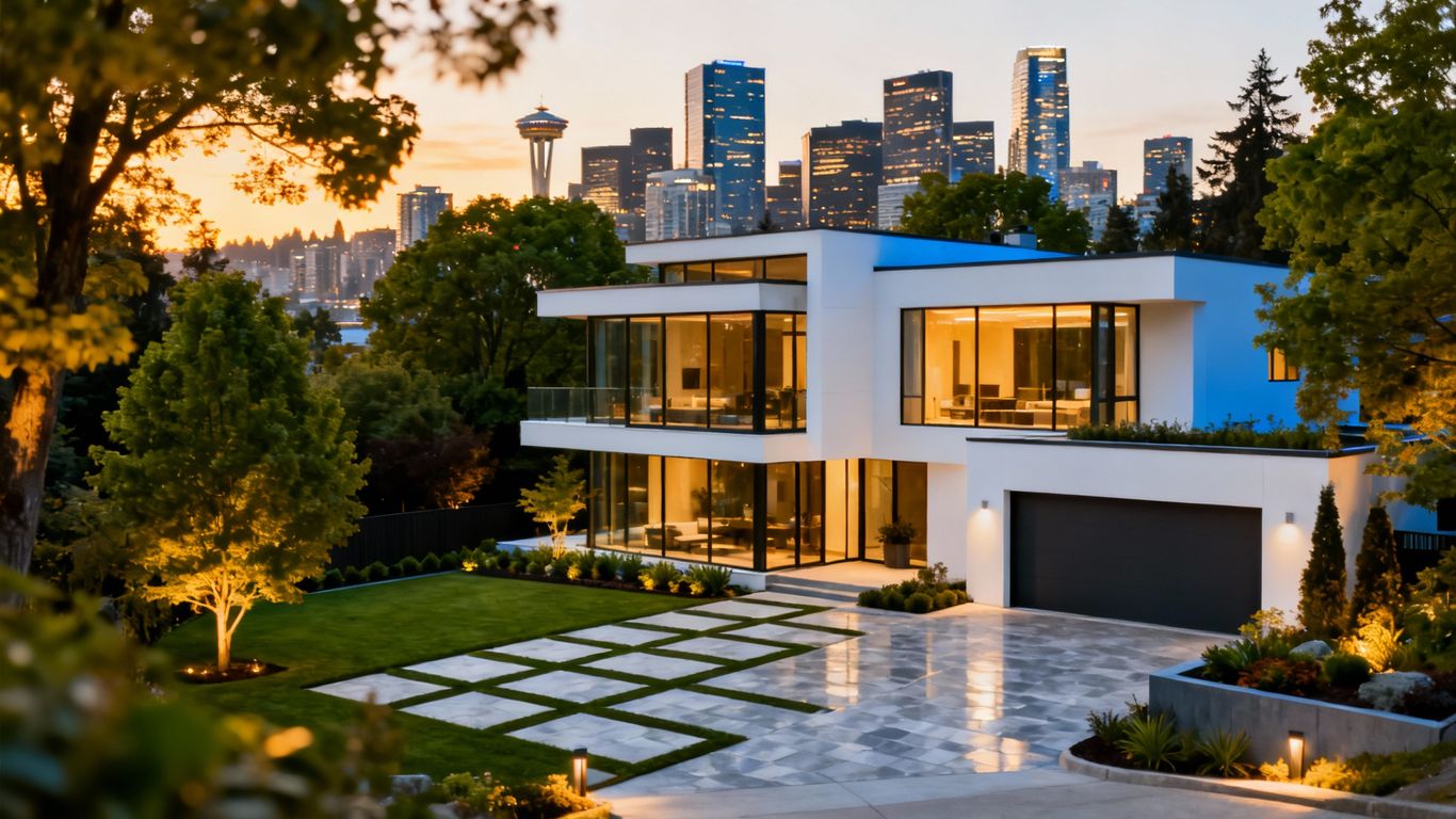 Luxury Vancouver house with city skyline backdrop.