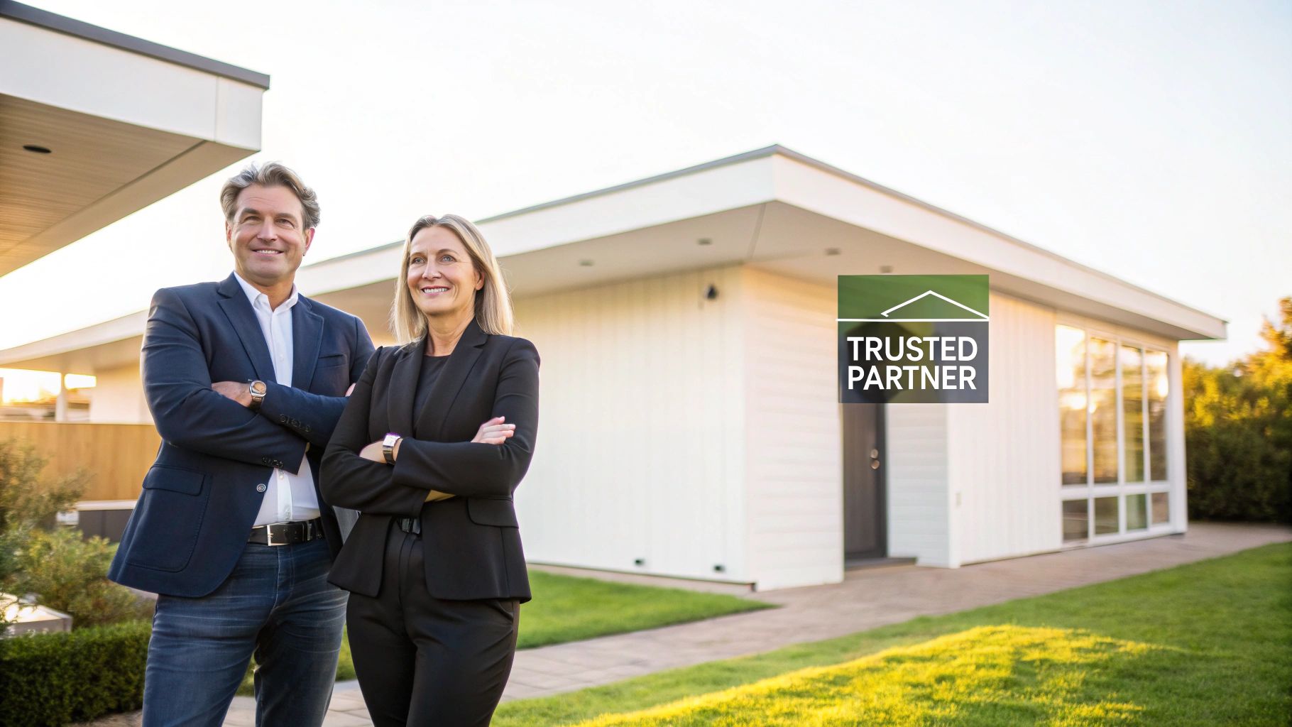 Smiling business partners standing proudly in front of a modern white house, with a "Trusted Partner" logo.