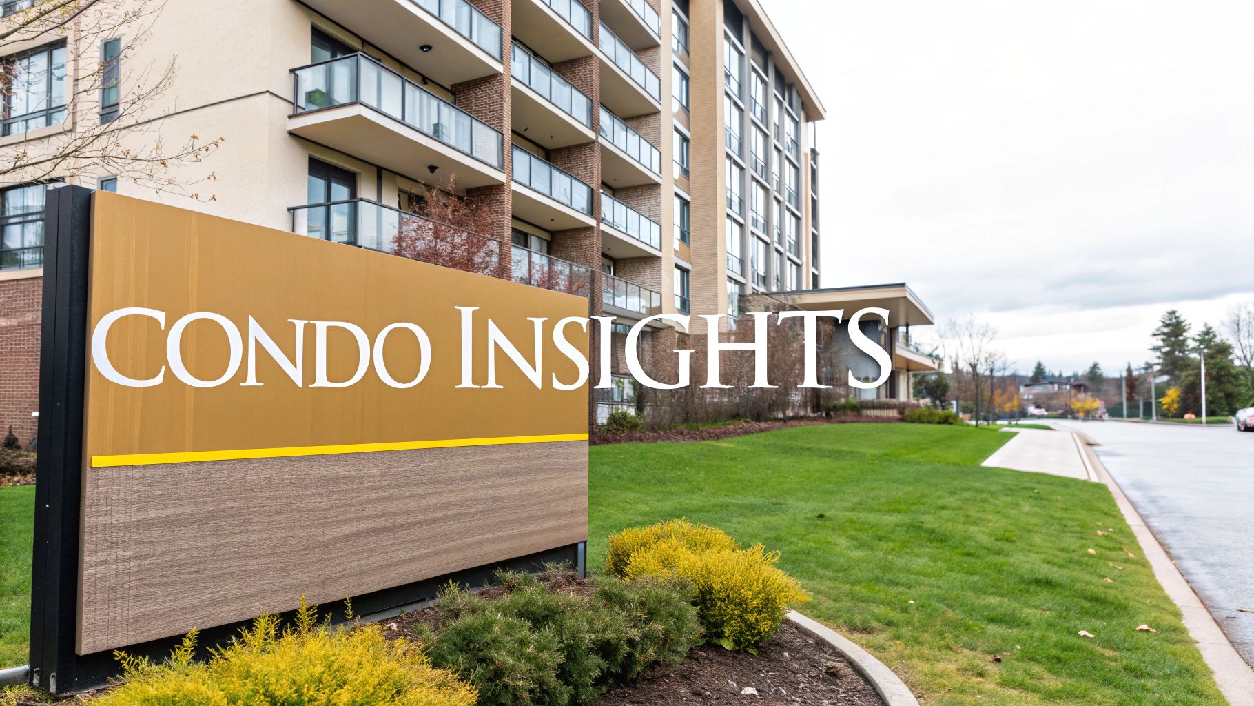 A large 'CONDO INSIGHTS' sign is prominently displayed in front of a modern apartment building with balconies, surrounded by green landscaping and a road.