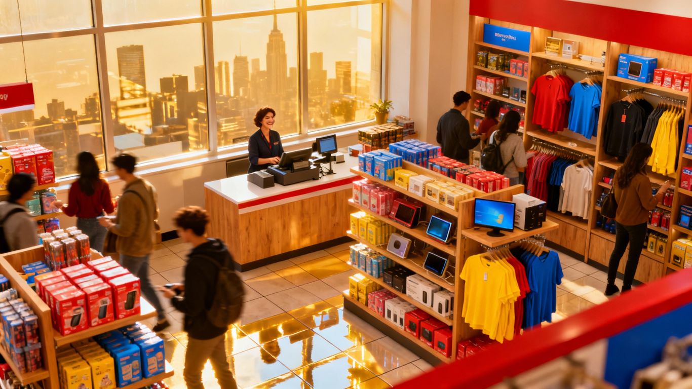 Resilient retail scene with shoppers and products.