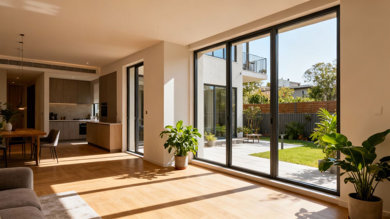 Ground floor corner apartment with large windows and patio.