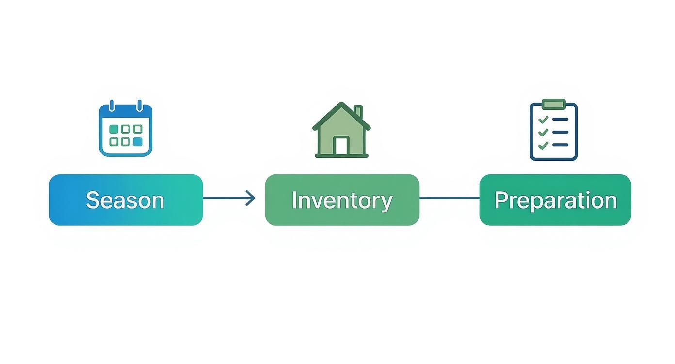 Process flow diagram illustrating the Season, Inventory, and Preparation steps for selling a house.
