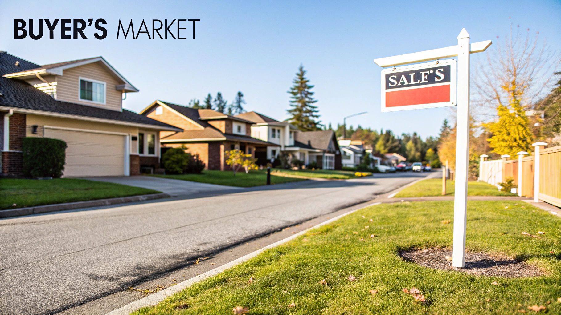 A 'For Sale' sign on a suburban street, indicating a 'Buyer's Market' for real estate.