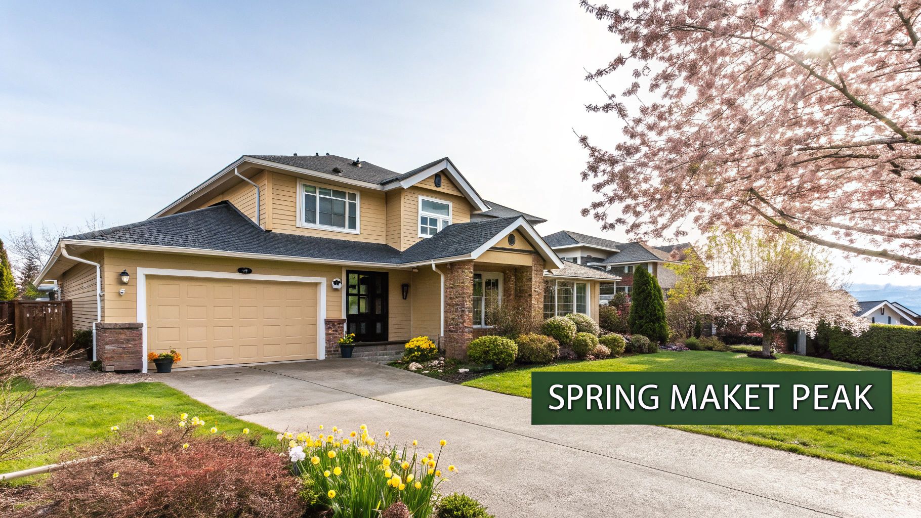 A vibrant yellow suburban house in spring with a lush lawn and blooming cherry blossom tree.
