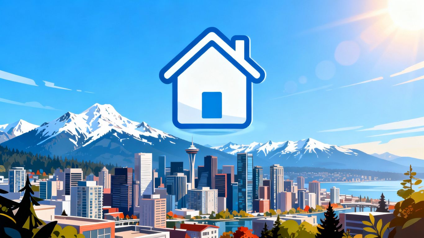 Vancouver cityscape with mountains and house icon.