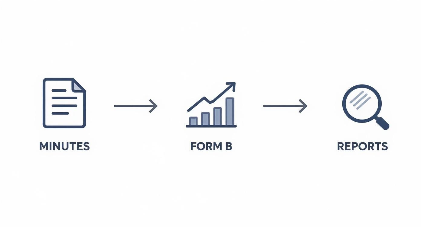 A clear diagram illustrates a business process: minutes lead to data visualization on Form B, then to reports.