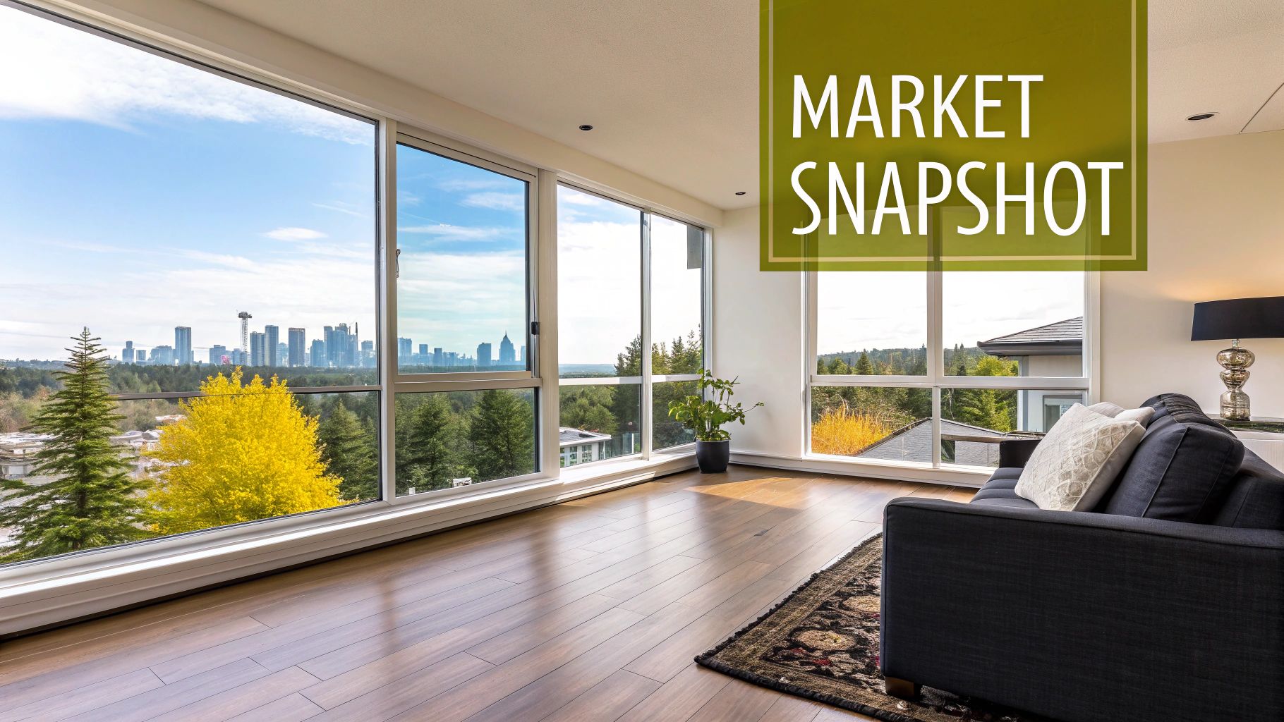 Modern living room with large windows, a dark sofa, and a scenic city skyline view.