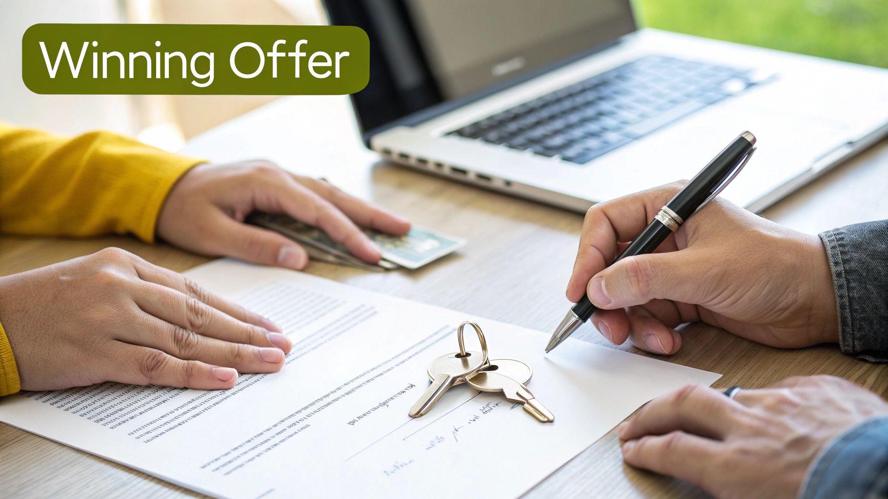 Hands signing a document with keys and cash on a table, representing a winning real estate offer.