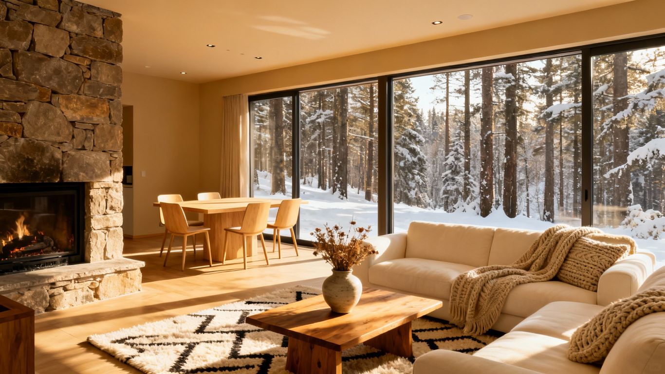 Cozy living room with fireplace and snowy mountain view.