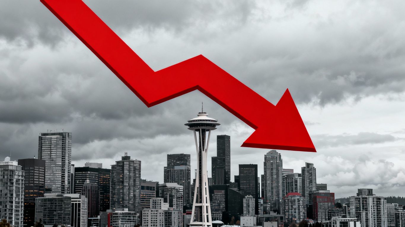 Vancouver cityscape with a red downward arrow indicating rent decline.