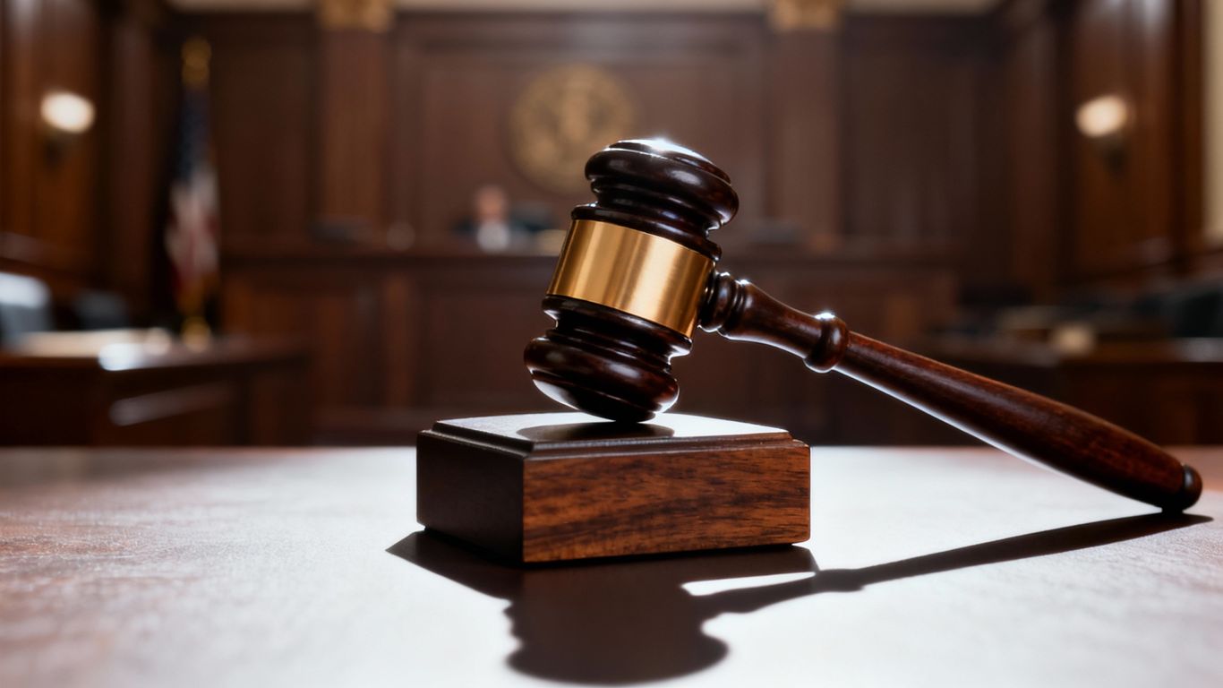 Gavel striking block in a courtroom.