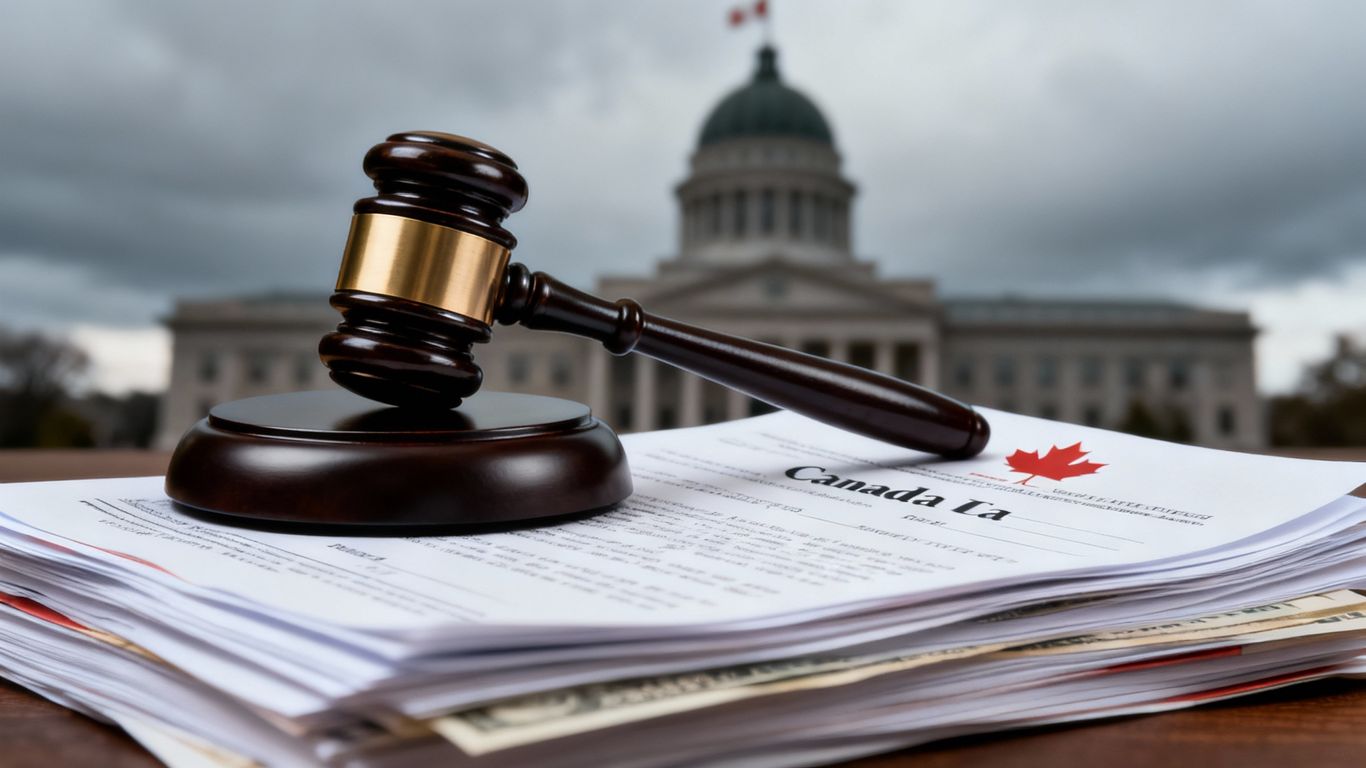 Gavel striking property deeds, courthouse in background.
