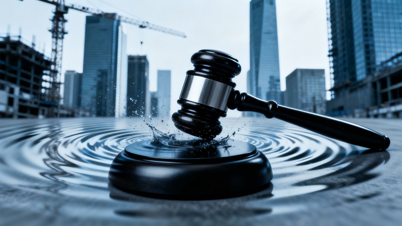 Gavel striking sound block, disrupting city skyline.