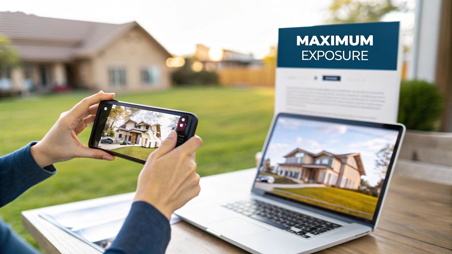 Person taking a photo of a house with a smartphone, showing it on a laptop and a 'Maximum Exposure' sign.
