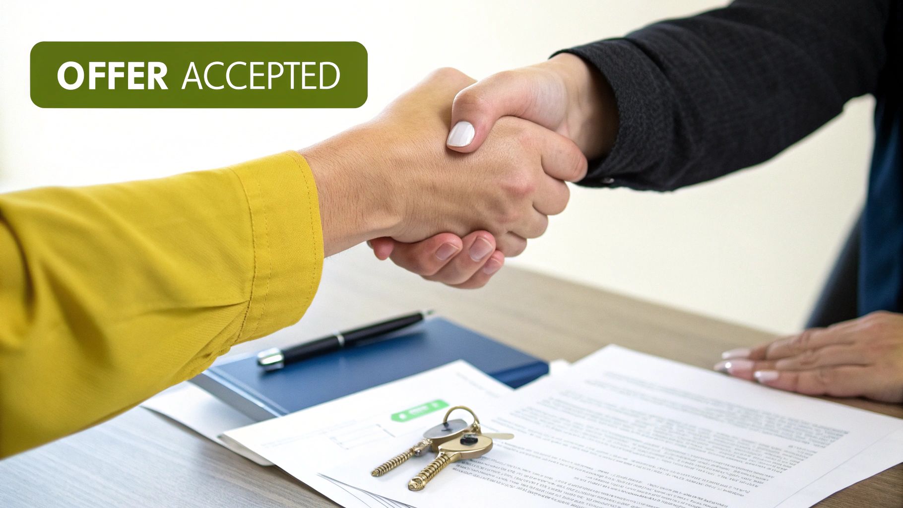 Two people shaking hands over documents and keys, with 'OFFER ACCEPTED' text, symbolizing a successful real estate deal.