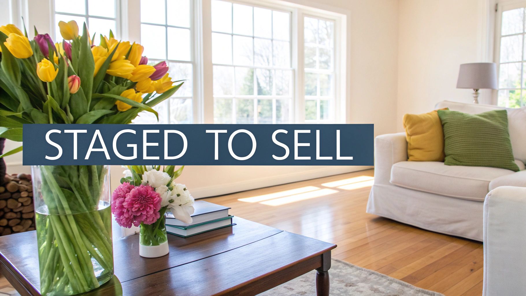 A bright, staged living room with a coffee table, fresh flowers, and a sofa, featuring the text 'STAGED TO SELL'.