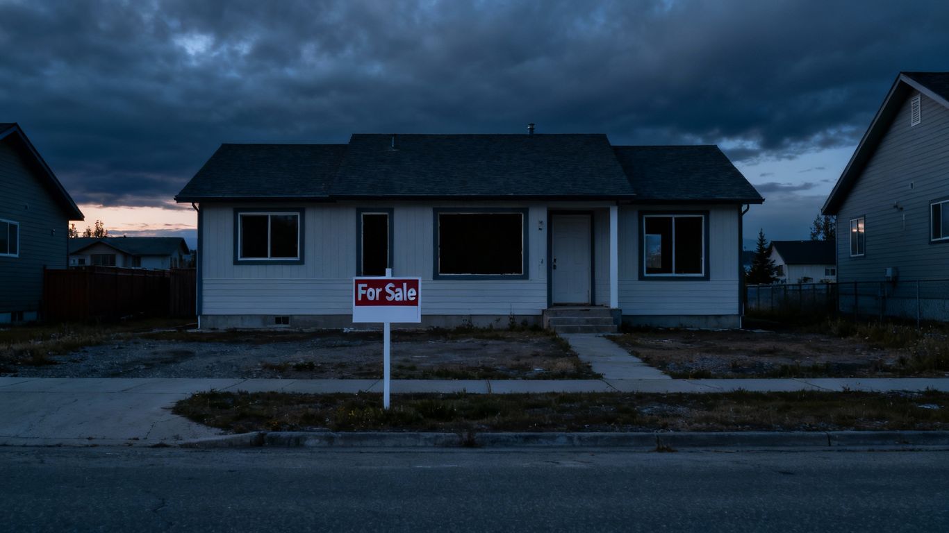 Northern BC house with a 'For Sale' sign, cloudy sky.