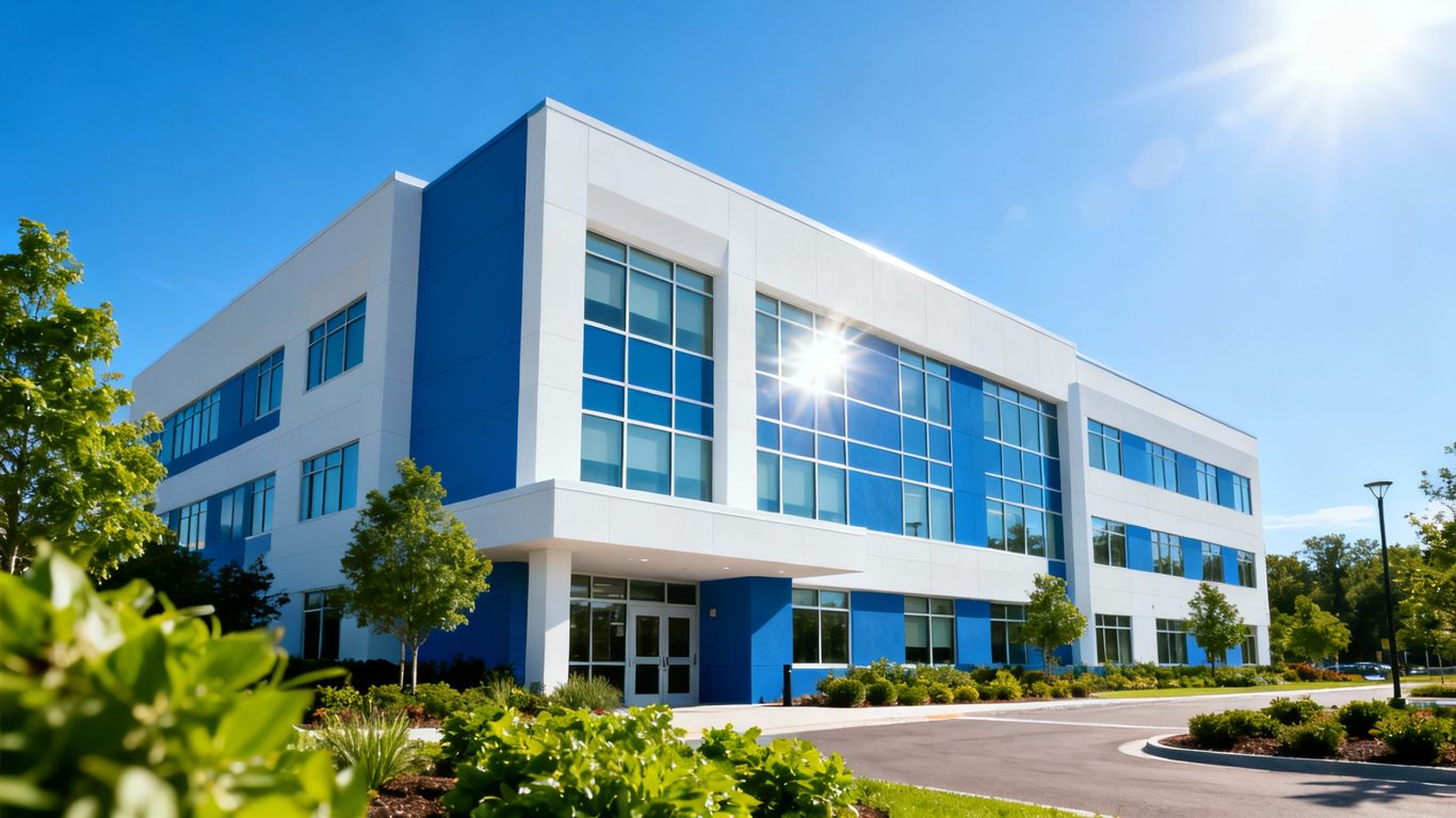 Modern medical office building exterior with blue sky.
