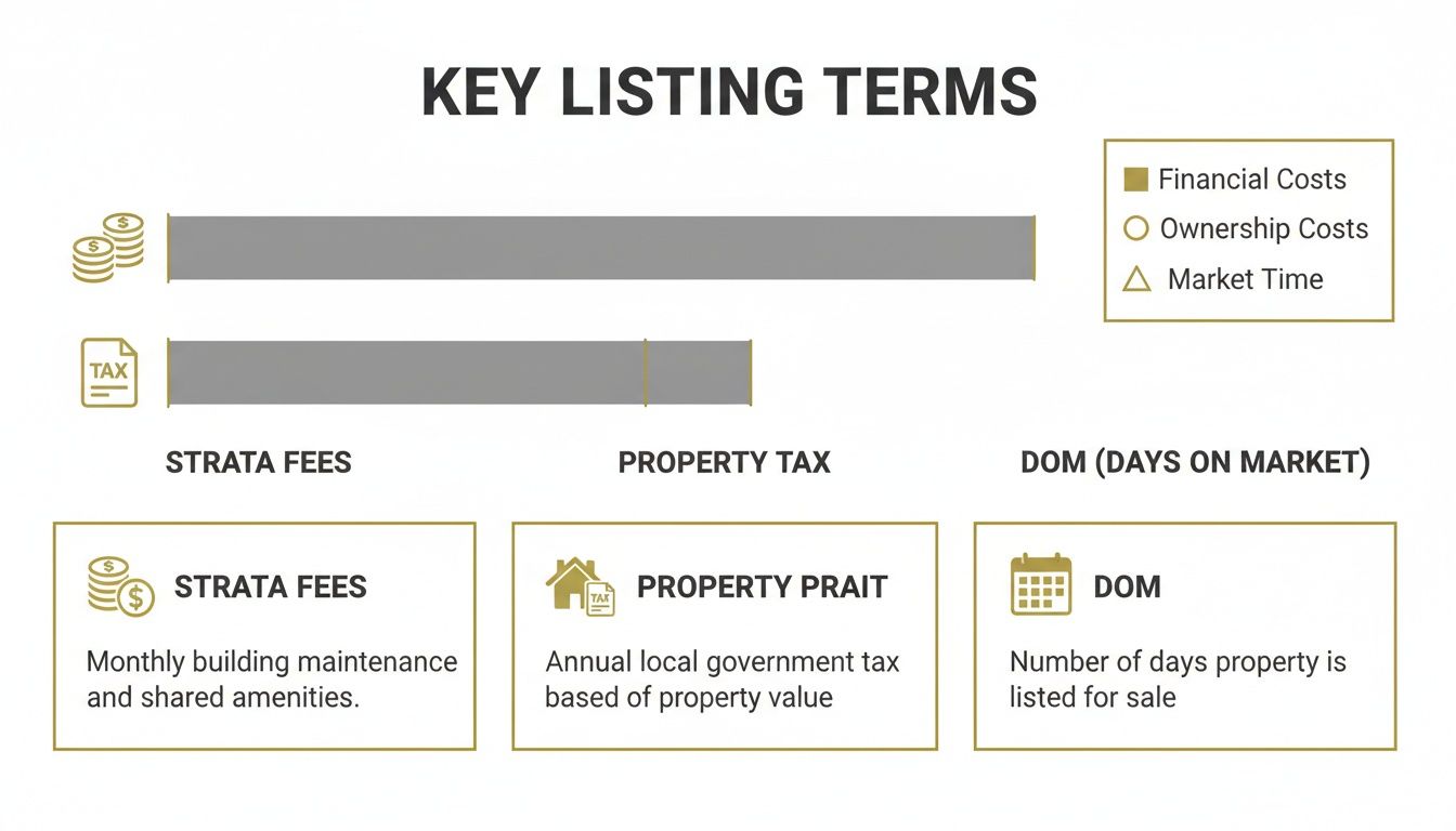 Infographic explaining key real estate listing terms like strata fees, property tax, and days on market.
