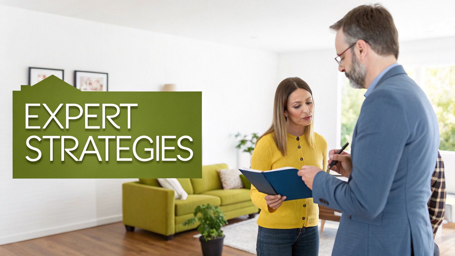 A real estate agent and a woman discussing home strategies in a modern living room.