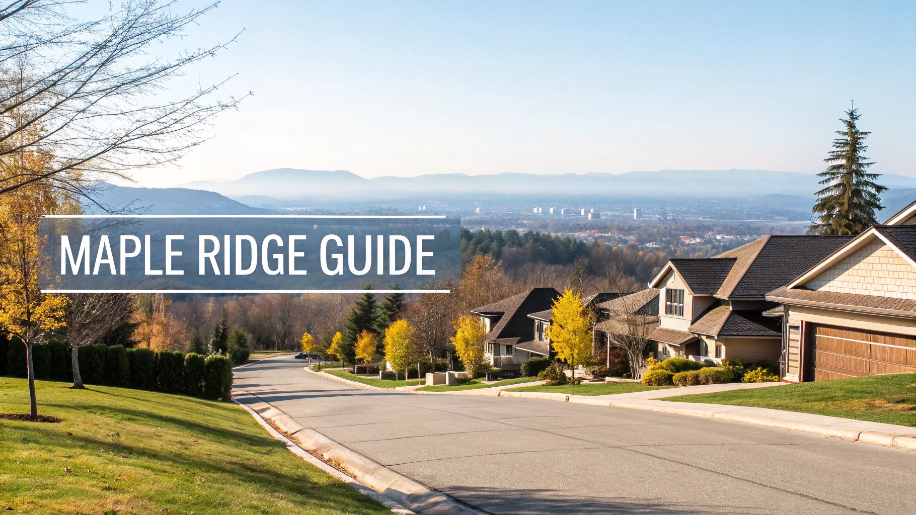 A scenic view of a suburban street in Maple Ridge with modern houses and autumn trees, overlooking a distant city and mountains.