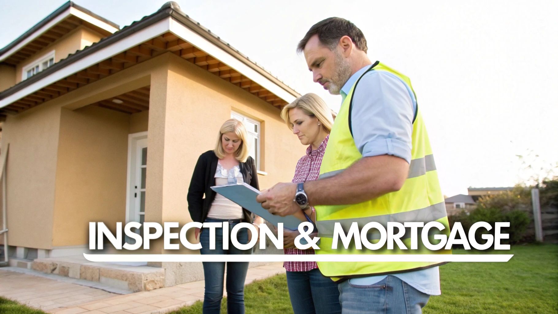 A home inspector in a yellow vest discusses a report on a clipboard with two women outside a house.