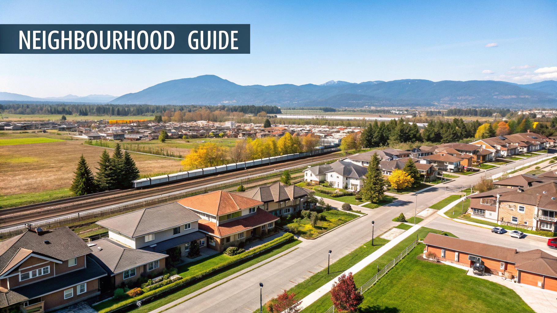 Aerial view of a suburban neighborhood with houses, a train, fields, and mountains under a blue sky.