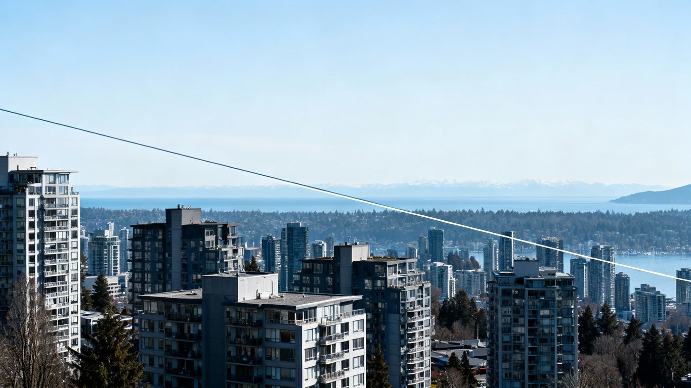 Vancouver skyline with a downward trend line.
