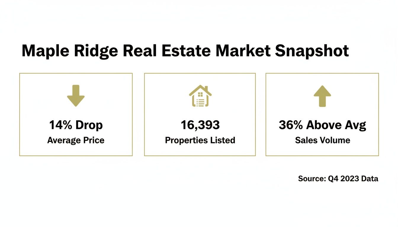 Maple Ridge real estate market snapshot showing average price drop, properties listed, and sales volume for Q4 2023.