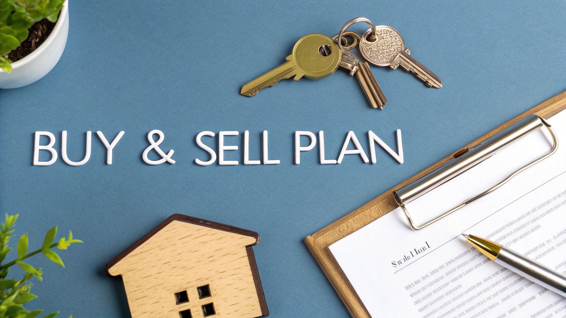 Overhead shot of real estate essentials with 'BUY & SELL PLAN' text, keys, and house model.