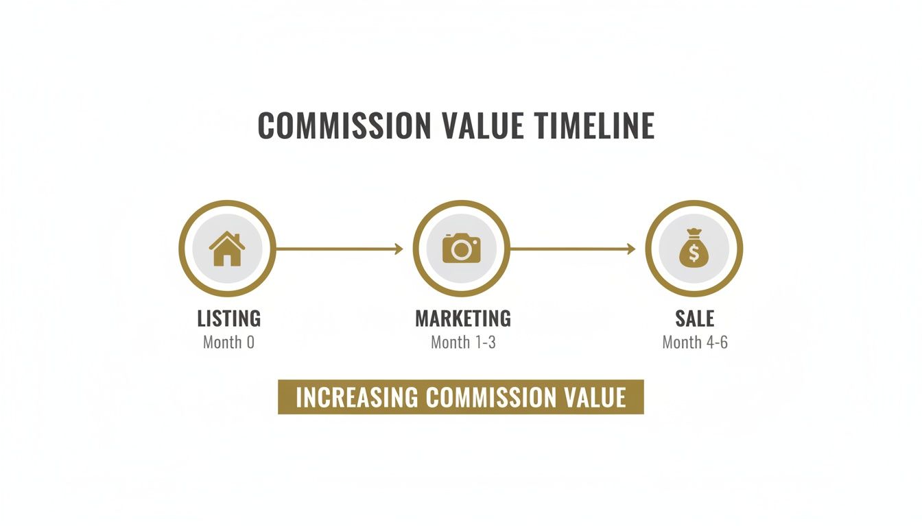 Timeline illustrating the real estate commission process: listing, marketing, and sale, showing increasing value.