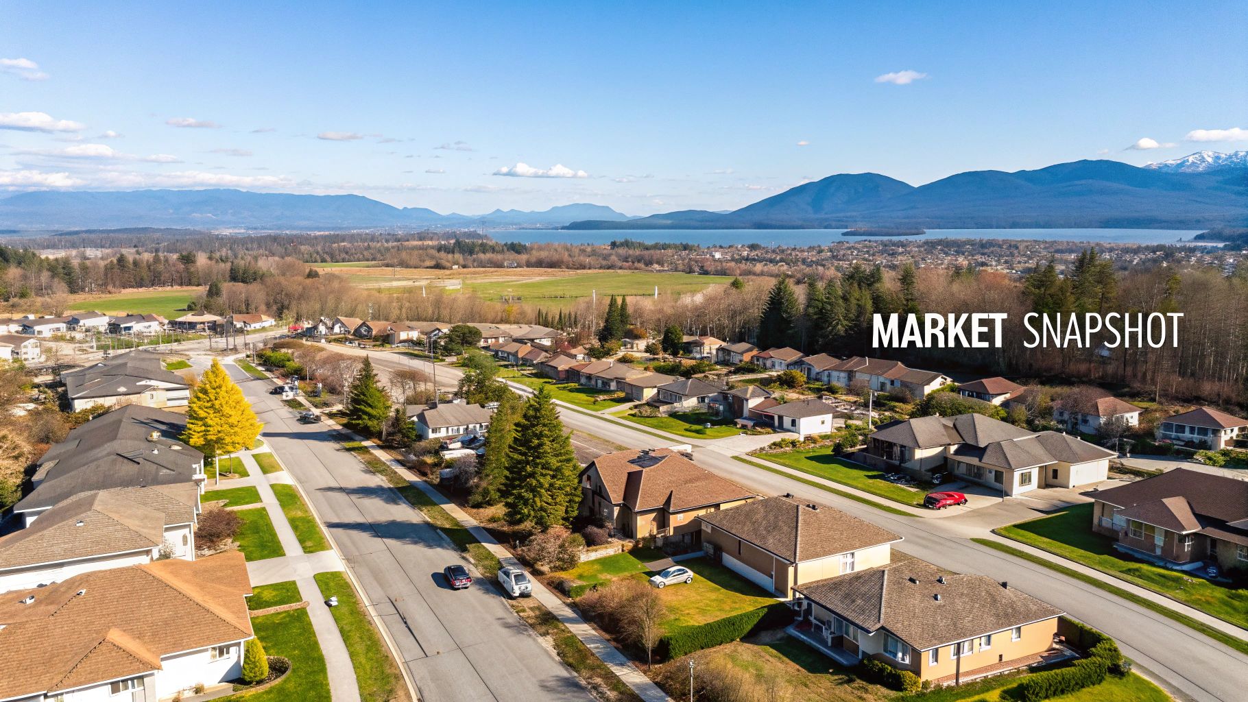 Aerial view of a suburban neighborhood with houses, streets, green lawns, and mountains in the background.